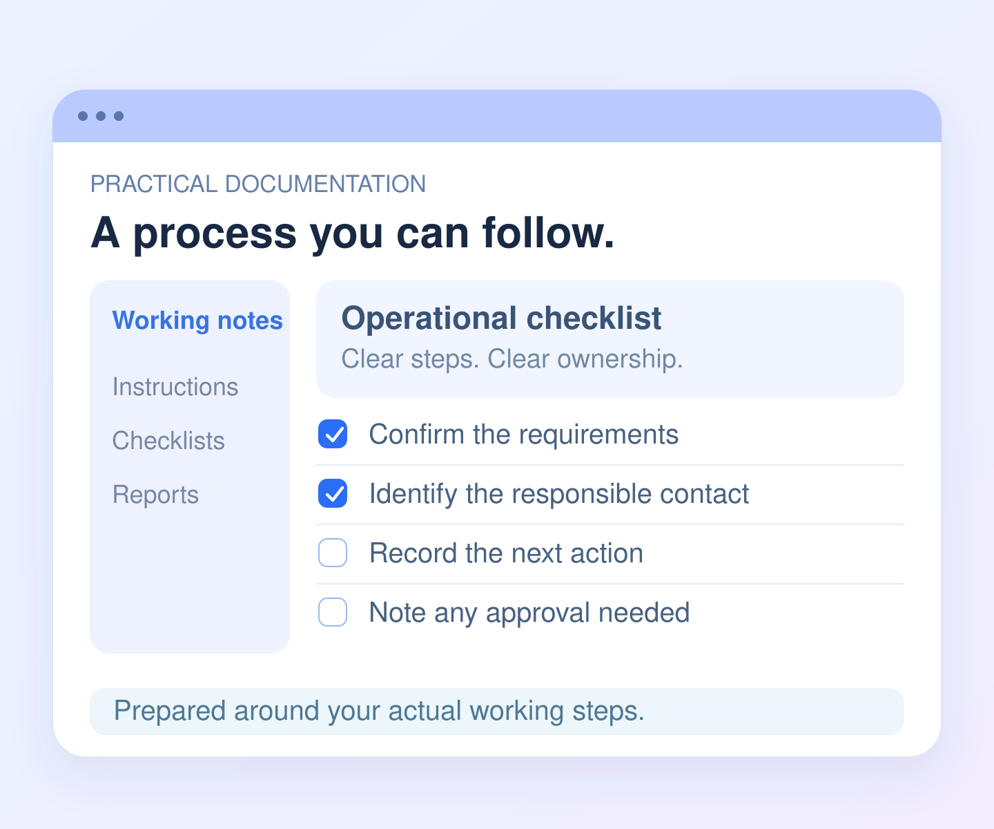 Illustration of a practical process checklist with owner, approval, and next-step fields